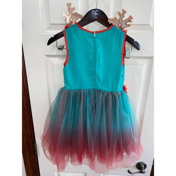New Girls Bebe Tulle Deer Dress With Floral Embellishments Size 6T Teal & Red Om - Picture 5 of 6